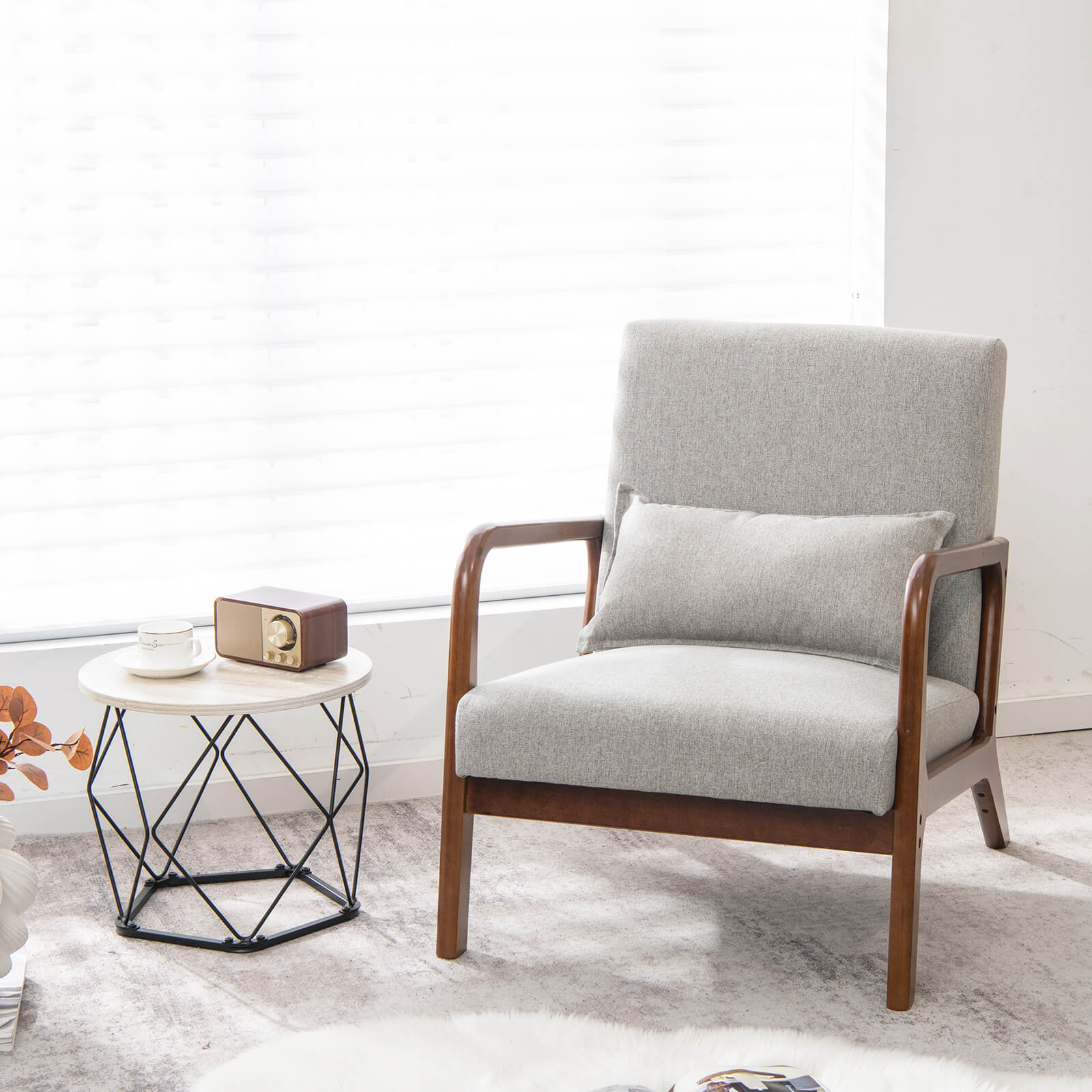 Modern Accent Chair with Lumbar Pillow and Rubber Wood Frame-Grey