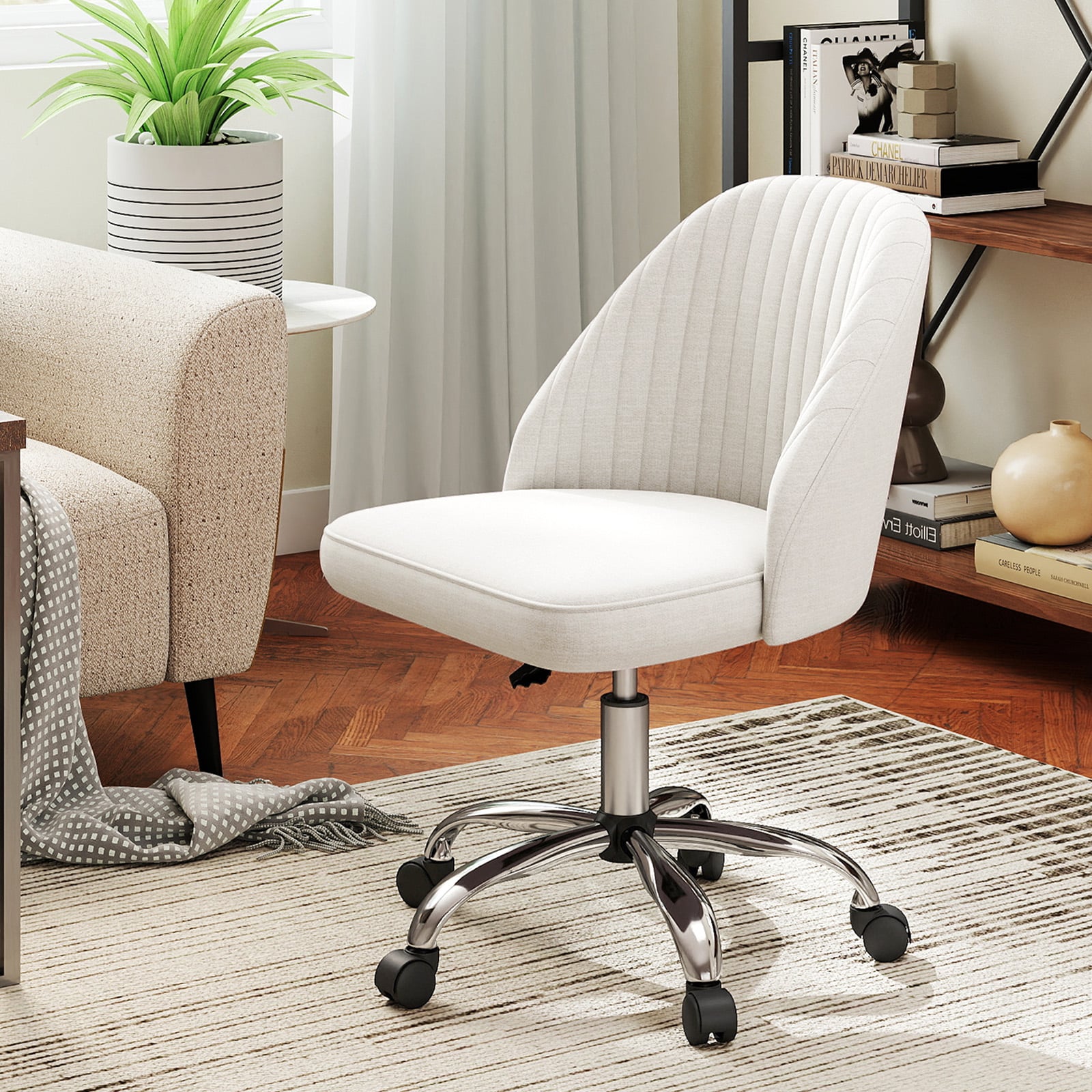 Modern Armless Office Chair with Curved Backrest and Upholstered Seat-Beige