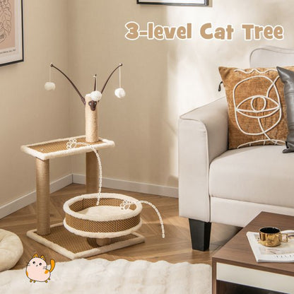 Modern Cat Tower with Rattan Mat and 3 Hanging Ball Toys