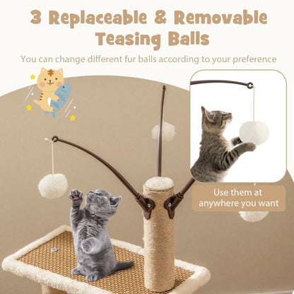Modern Cat Tower with Rattan Mat and 3 Hanging Ball Toys