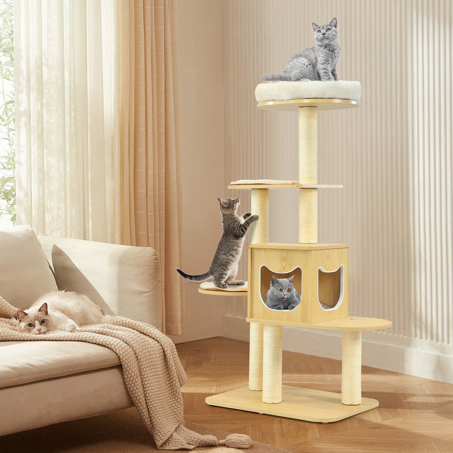 Multi-level Cat Tree with Scratching Posts Condo and Perches-Natural