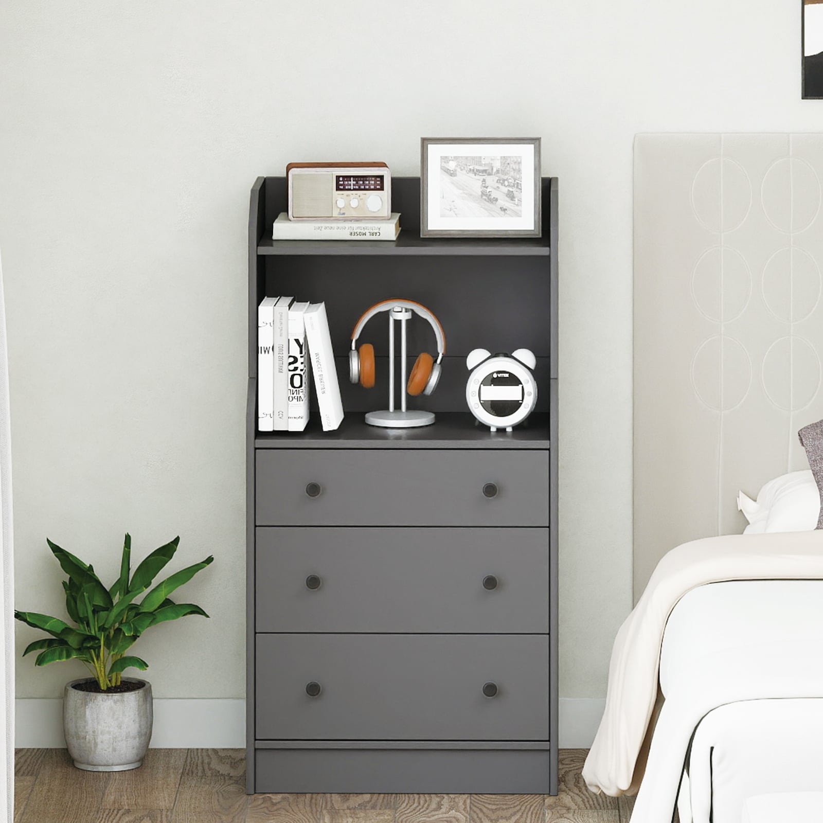 Modern Chest of Drawers Dresser with Shelves-Grey