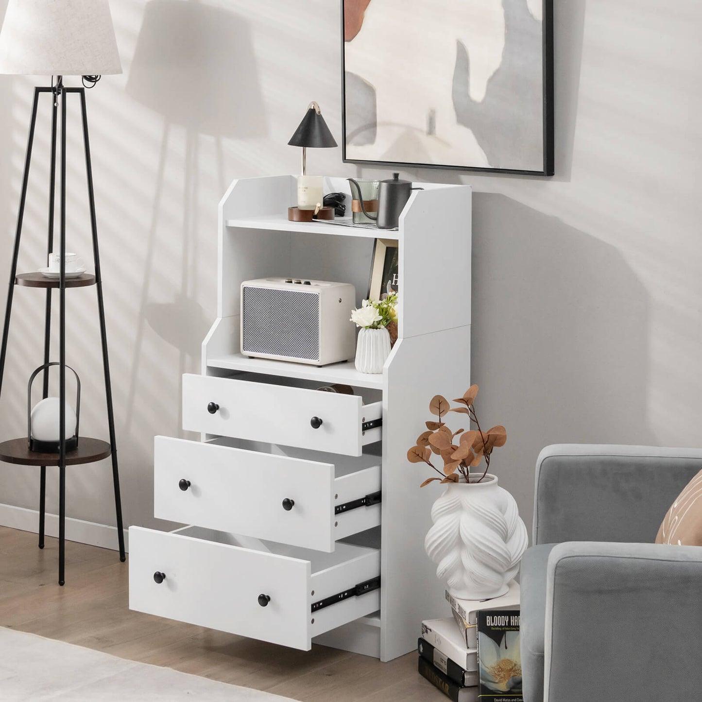 Modern Chest of Drawers Dresser with Shelves-White