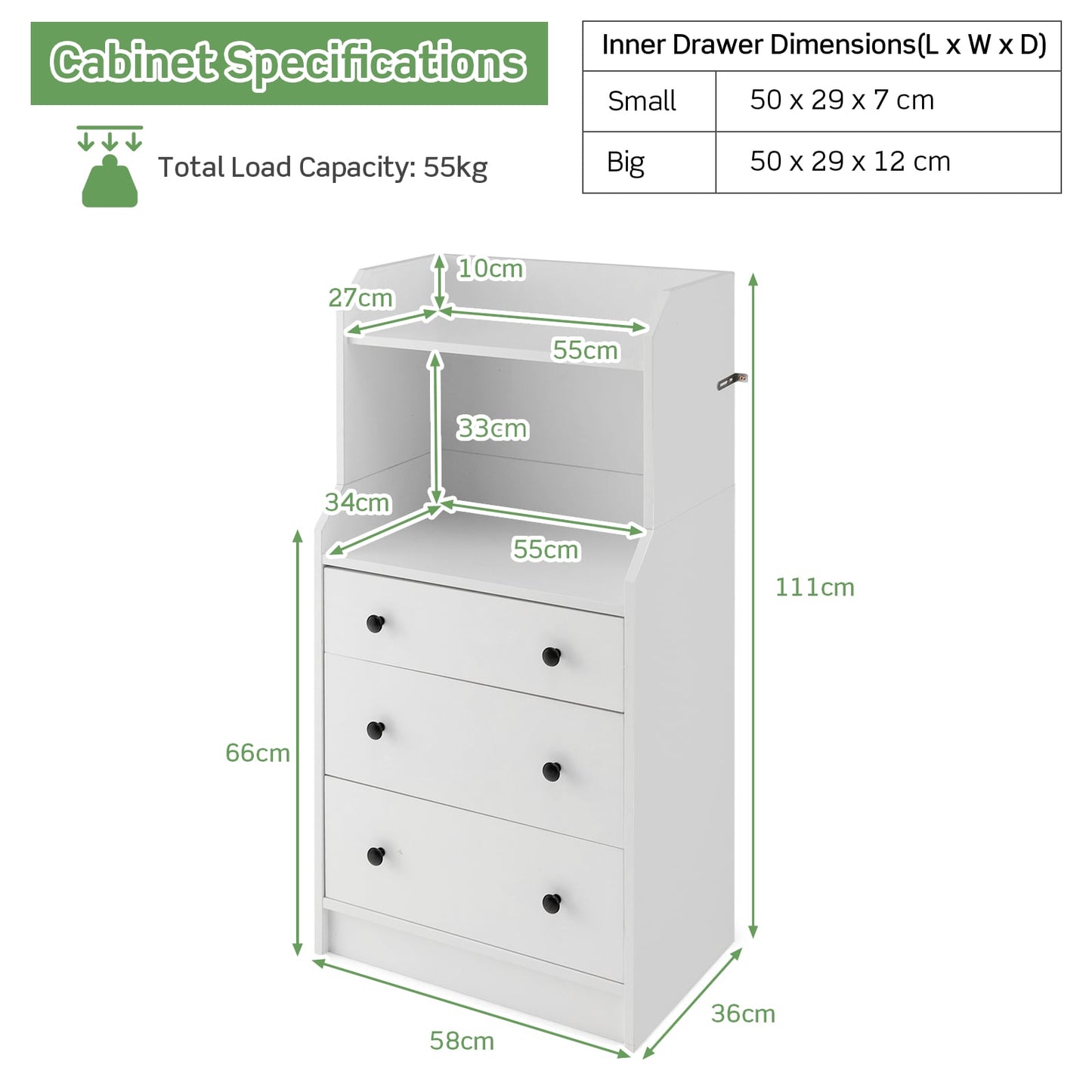 Modern Chest of Drawers Dresser with Shelves-White