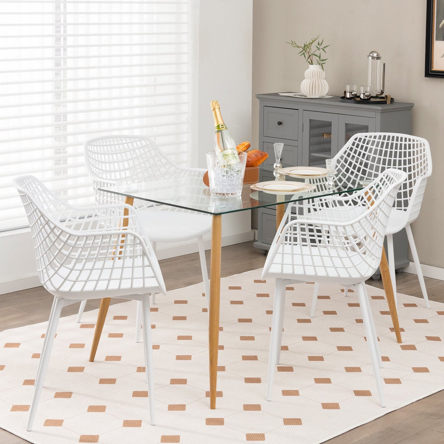 Modern Dining Chair Set of 4 with Airy Hollow Backrest-White