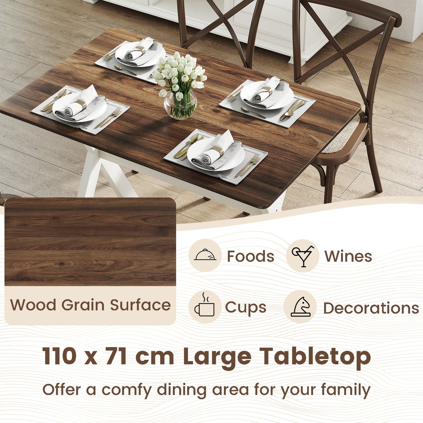 Modern Dining Table Wooden Kitchen Table with X-shaped Frame and with Wood Grain Texture Tabletop-Brown