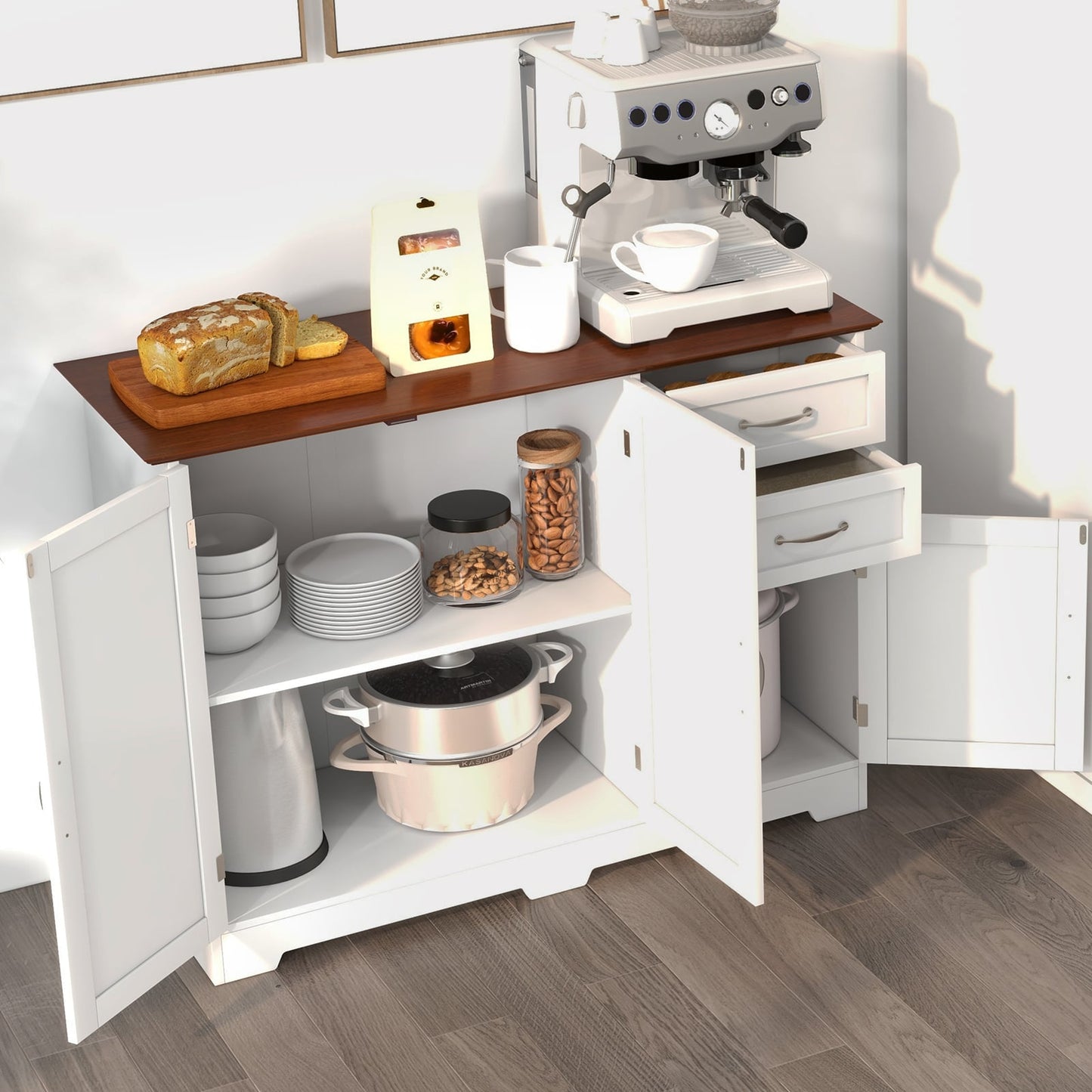 Modern Kitchen Sideboard Storage Cabinet with Adjustable Shelf and Drawers-White