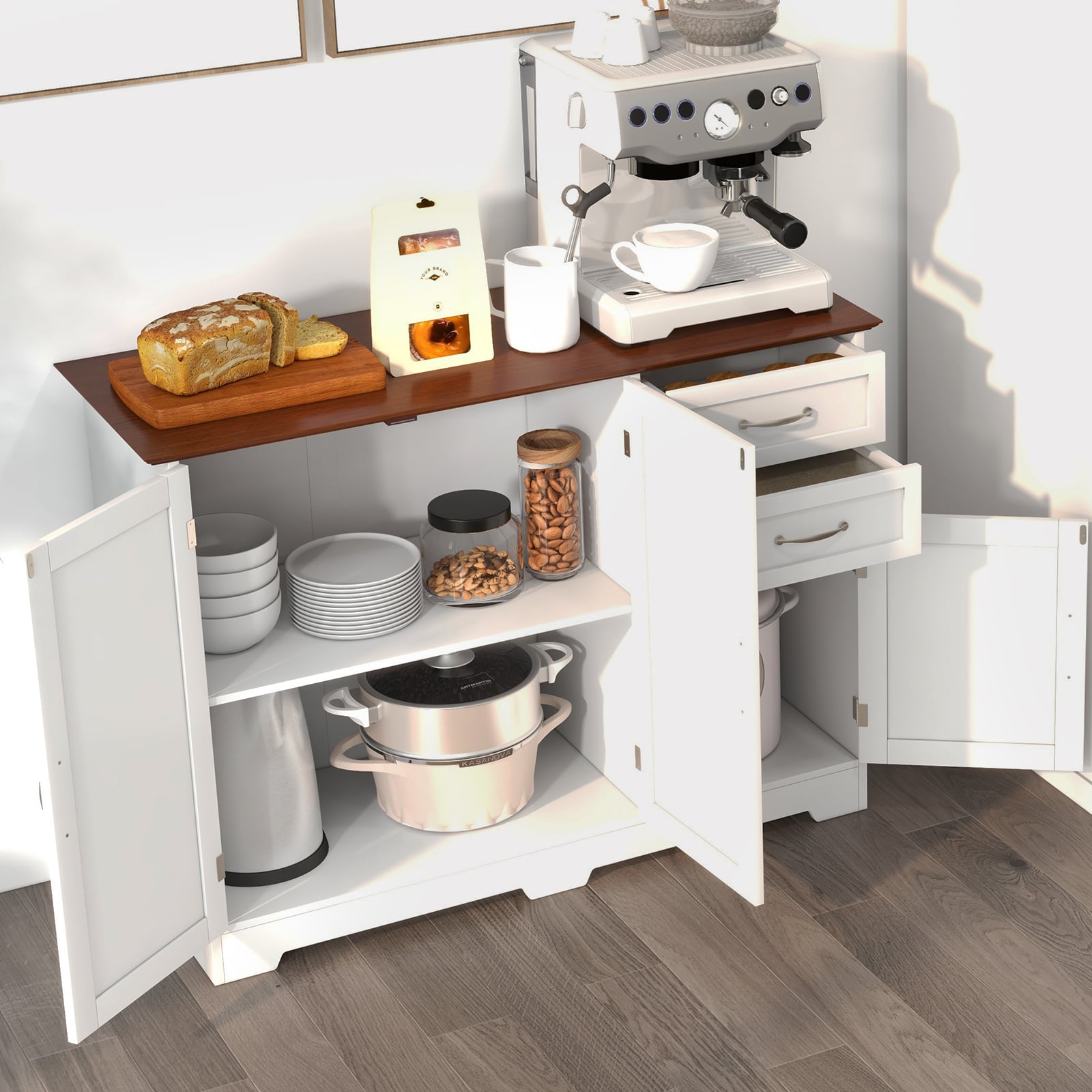 Modern Kitchen Sideboard Storage Cabinet with Adjustable Shelf and Drawers-White