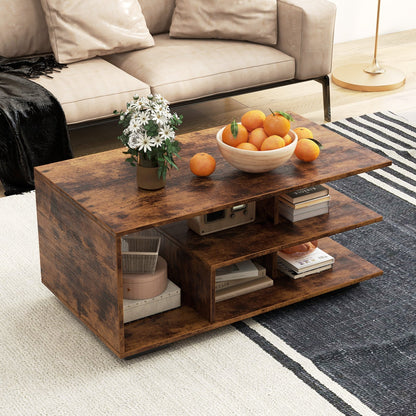 Coffee Table 3-Tier Rectangular Center with L-Shaped Middle Shelf-Rustic Brown