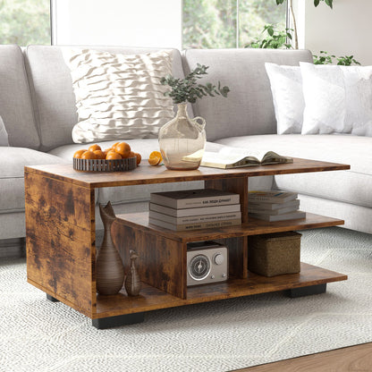 Coffee Table 3-Tier Rectangular Center with L-Shaped Middle Shelf-Rustic Brown