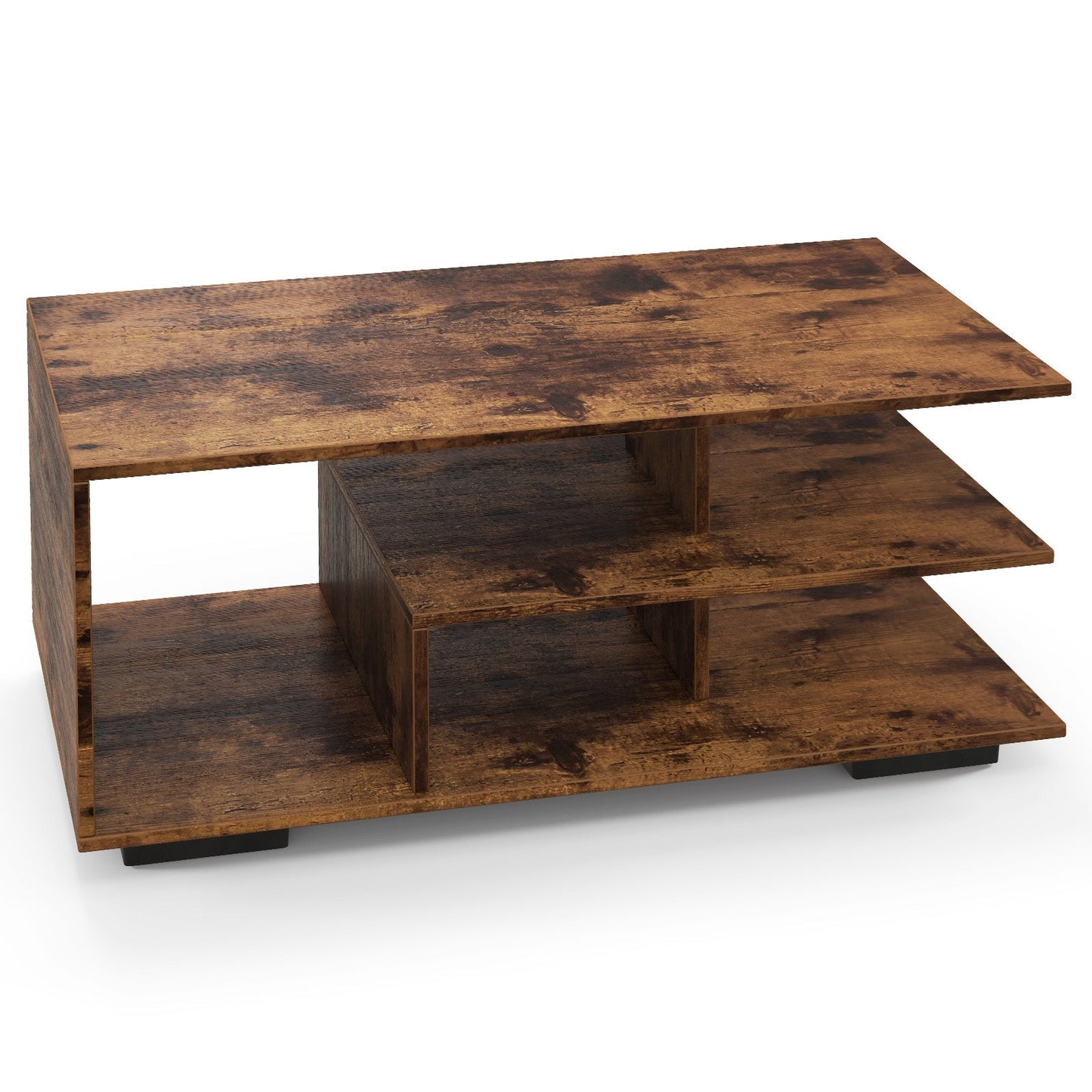 Coffee Table 3-Tier Rectangular Center with L-Shaped Middle Shelf-Rustic Brown