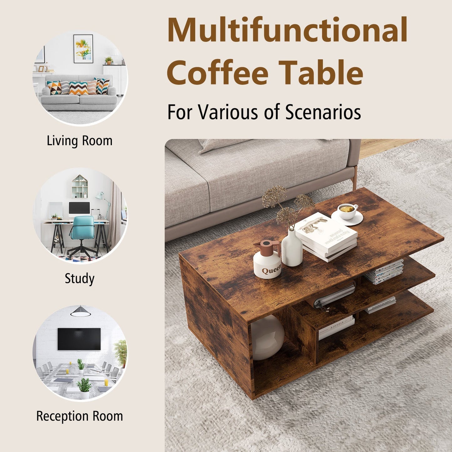 Coffee Table 3-Tier Rectangular Center with L-Shaped Middle Shelf-Rustic Brown