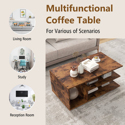 Coffee Table 3-Tier Rectangular Center with L-Shaped Middle Shelf-Rustic Brown