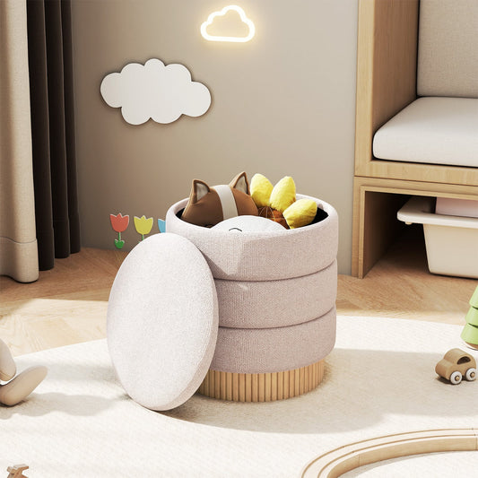 Modern Round Storage Ottoman with Removable Lid and Solid Wood Base-Beige