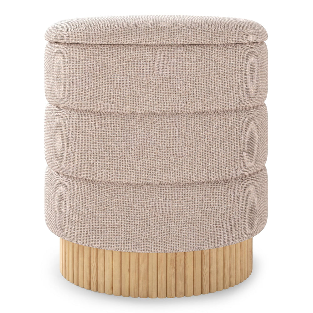 Modern Round Storage Ottoman with Removable Lid and Solid Wood Base-Beige