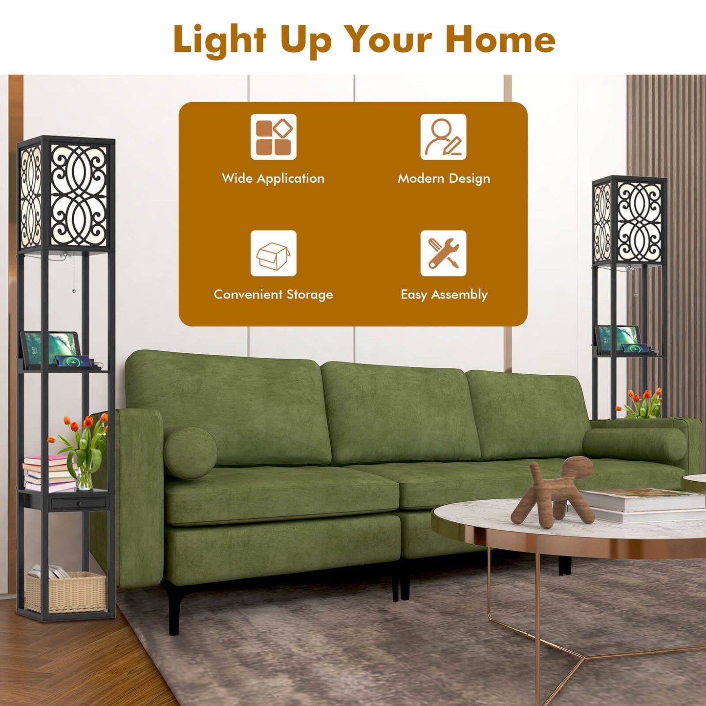 3-Layers Free-standing Light with 2 USB Charging Ports and Storage Drawer