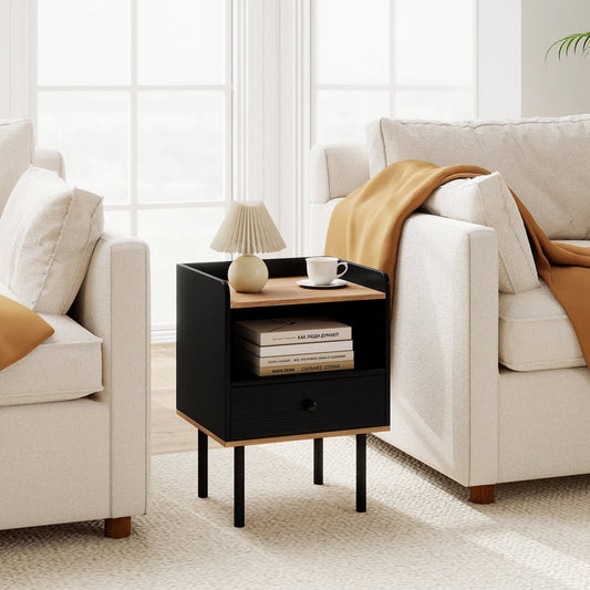Modern Sofa Side Table with Drawer and Metal Legs for Small Spaces-Black-1 Piece