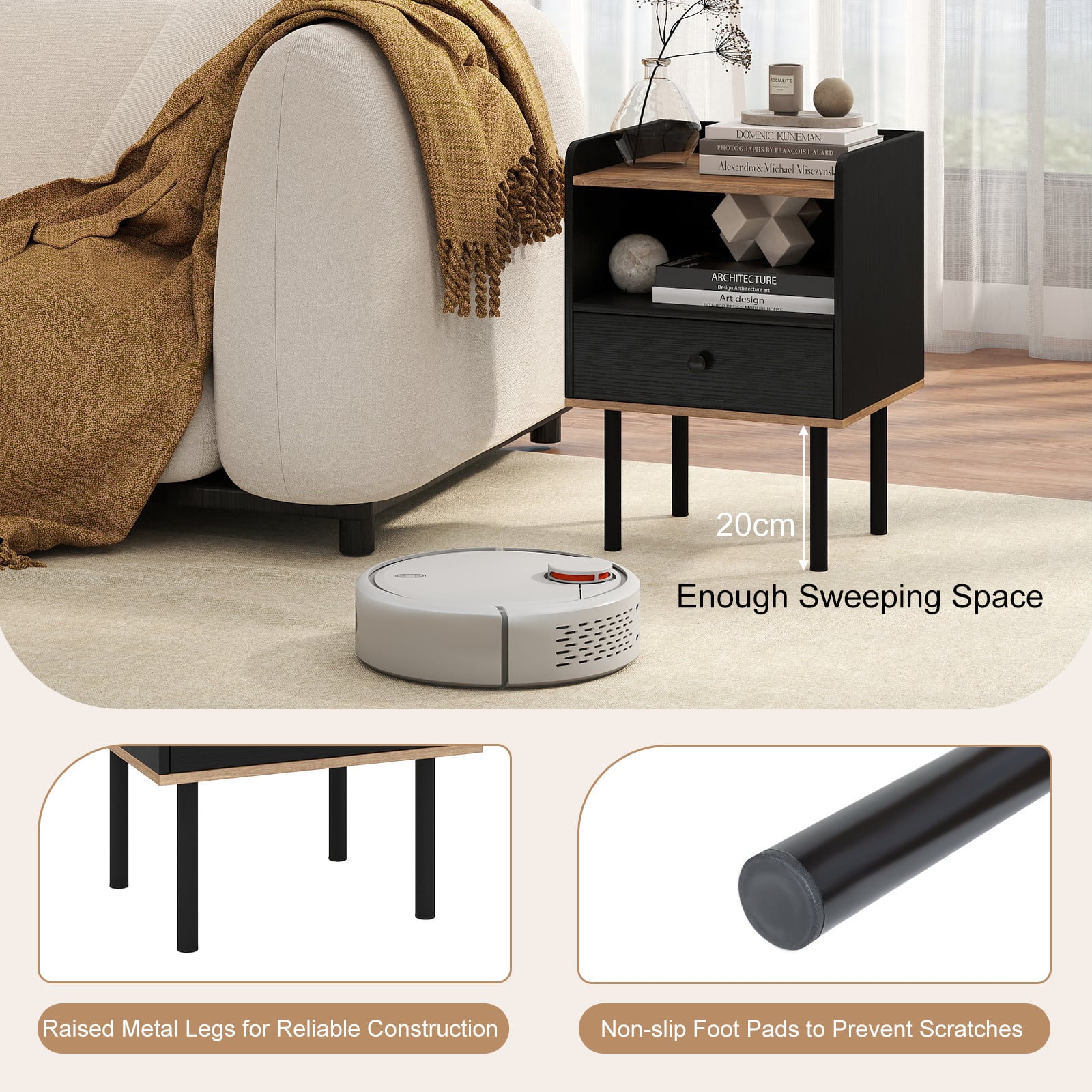 Modern Sofa Side Table with Drawer and Metal Legs for Small Spaces-Black-1 Piece