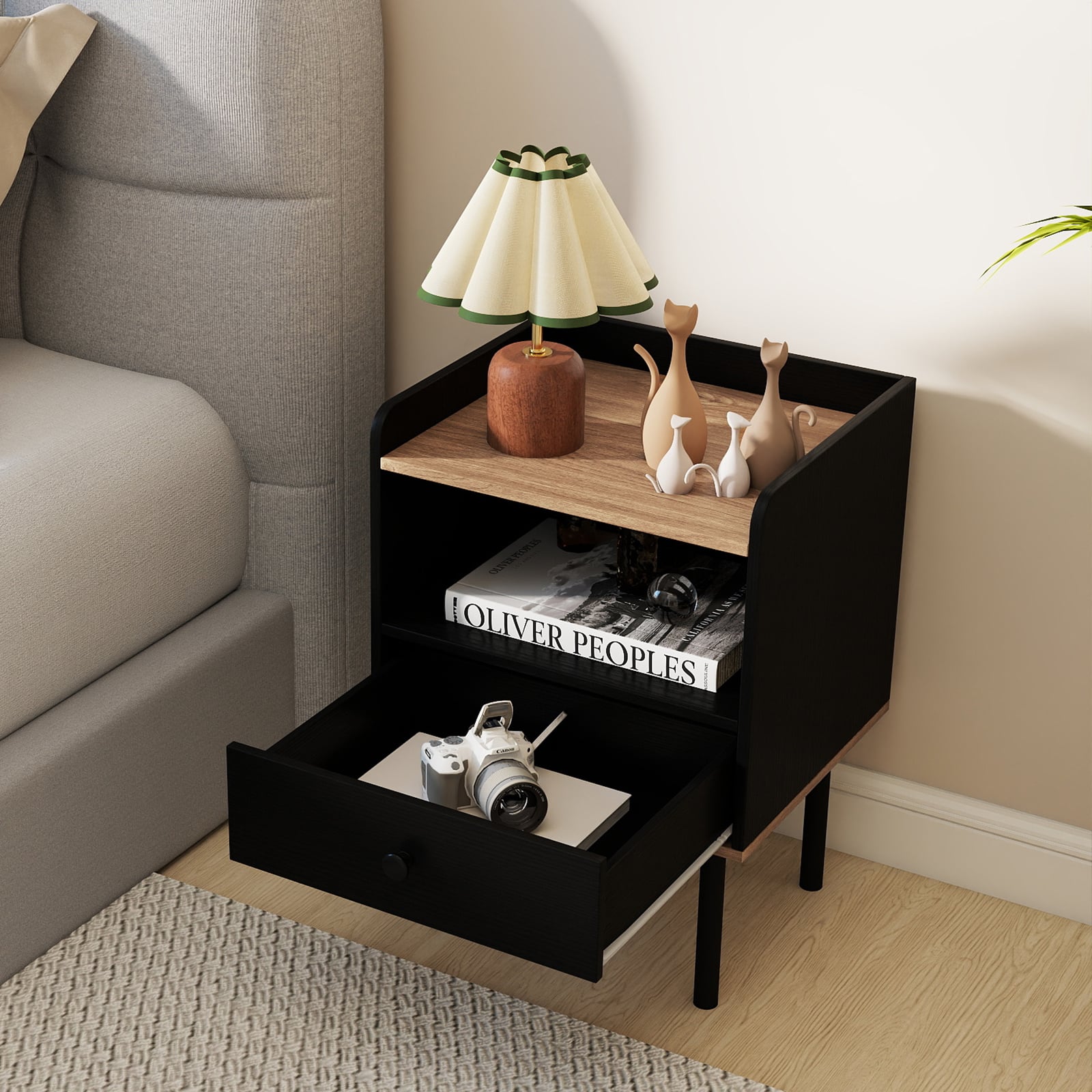 Modern Sofa Side Table with Drawer and Metal Legs for Small Spaces-Black-1 Piece