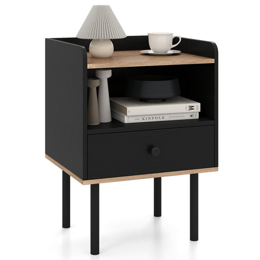 Modern Sofa Side Table with Drawer and Metal Legs for Small Spaces-Black-1 Piece