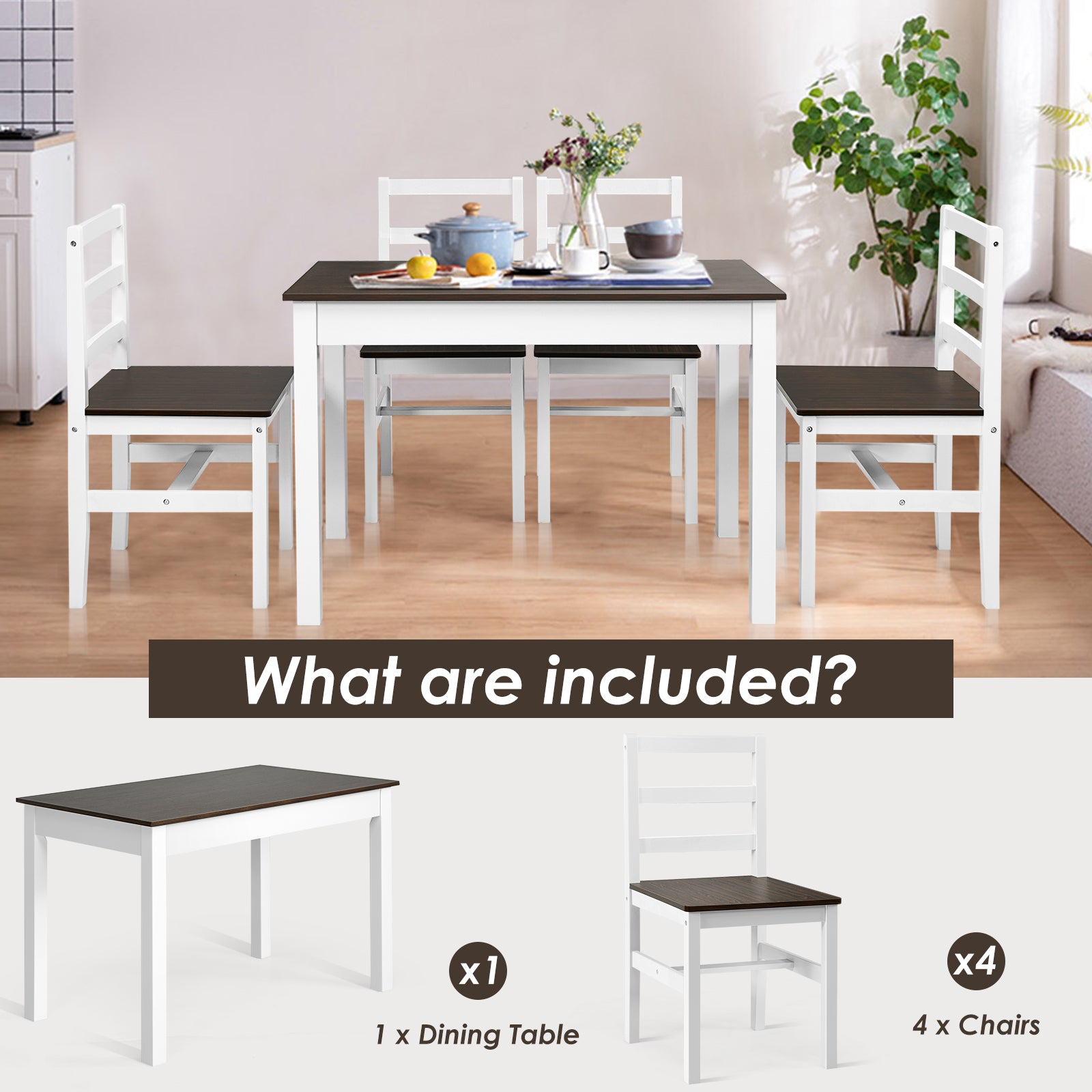 Modern Table and Chairs Set with Solid Pine Wood Legs for Dining Room