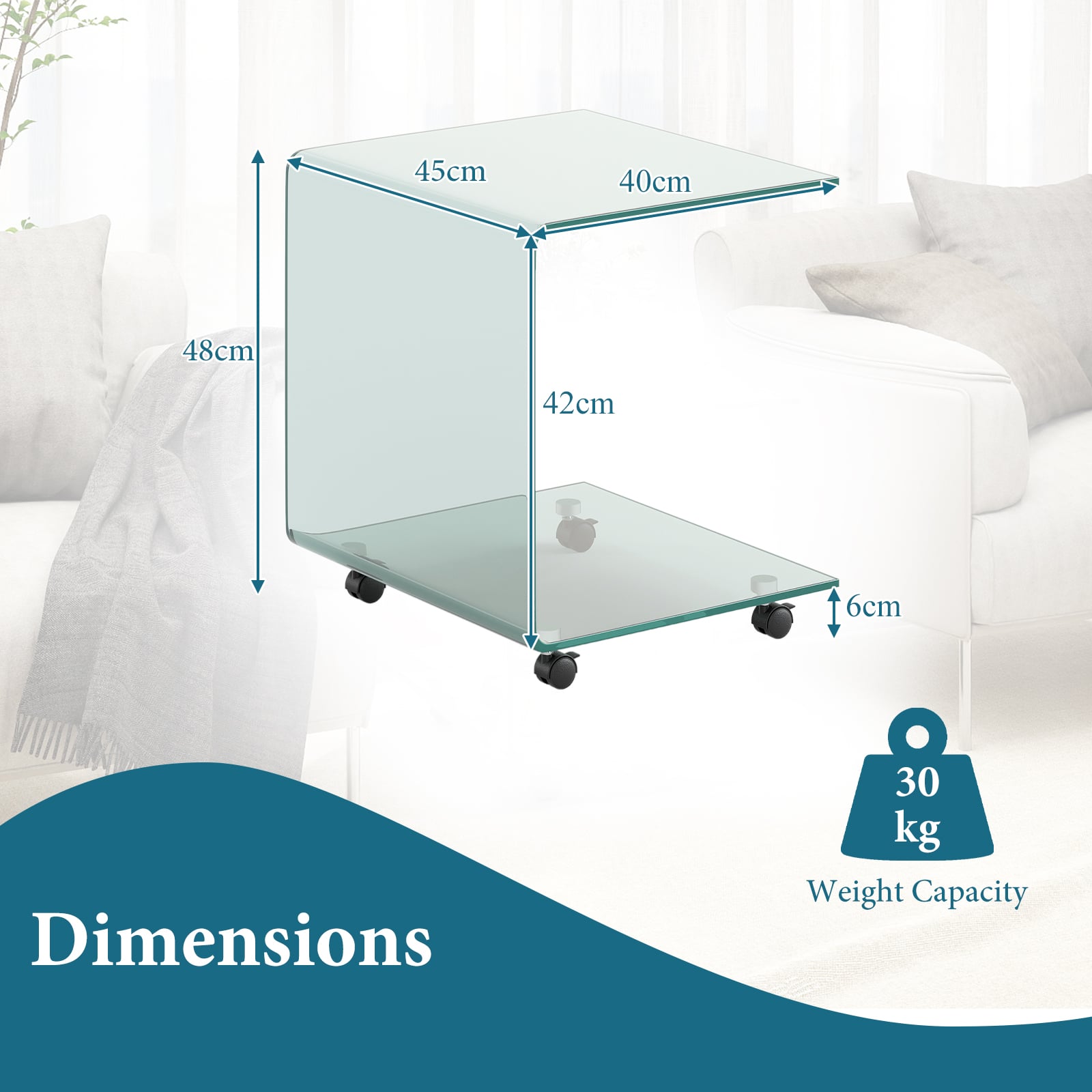 Modern Tempered Glass Side Table with 2-tier Shelf-Transparent