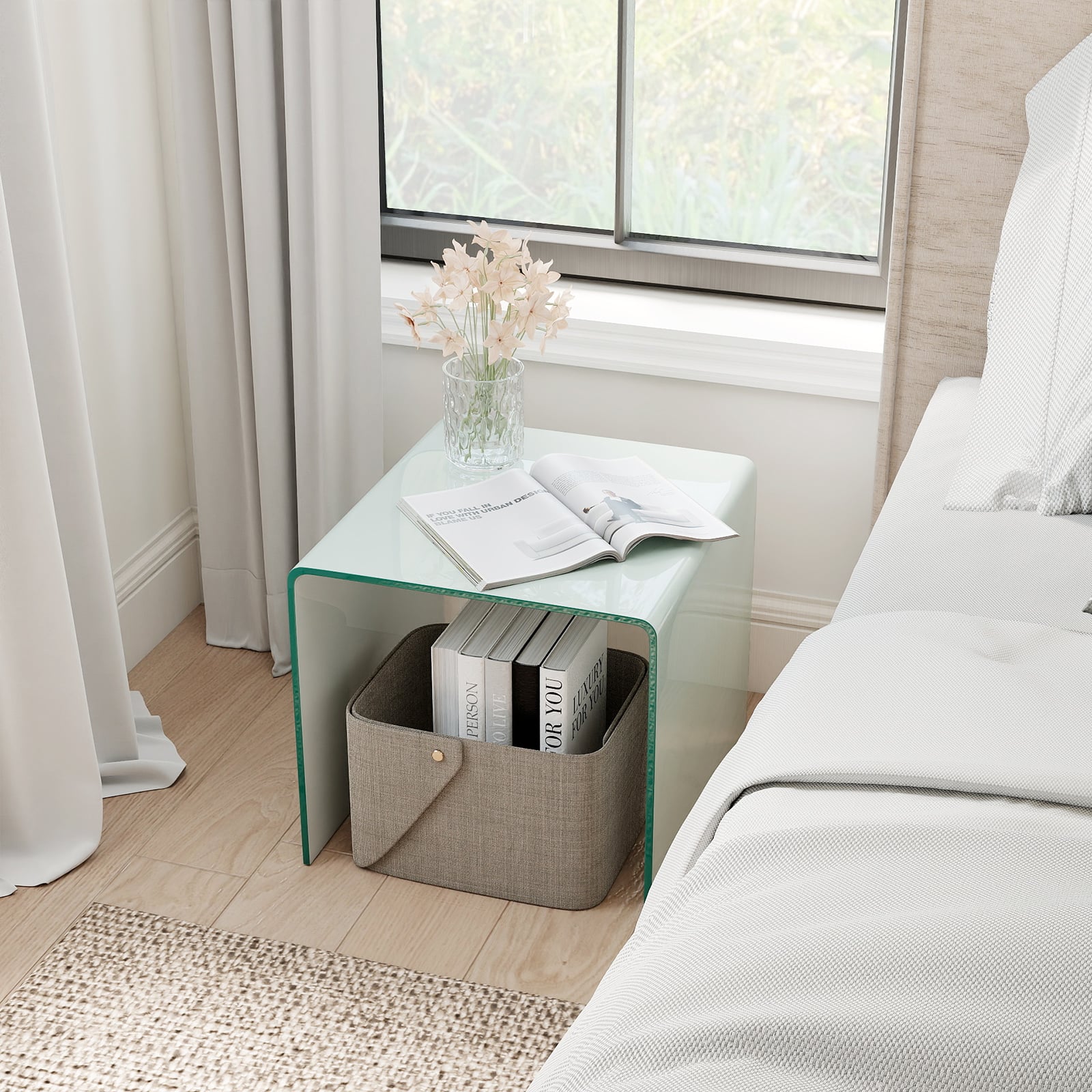 Modern Tempered Glass Side Table with 2-tier Shelf-White