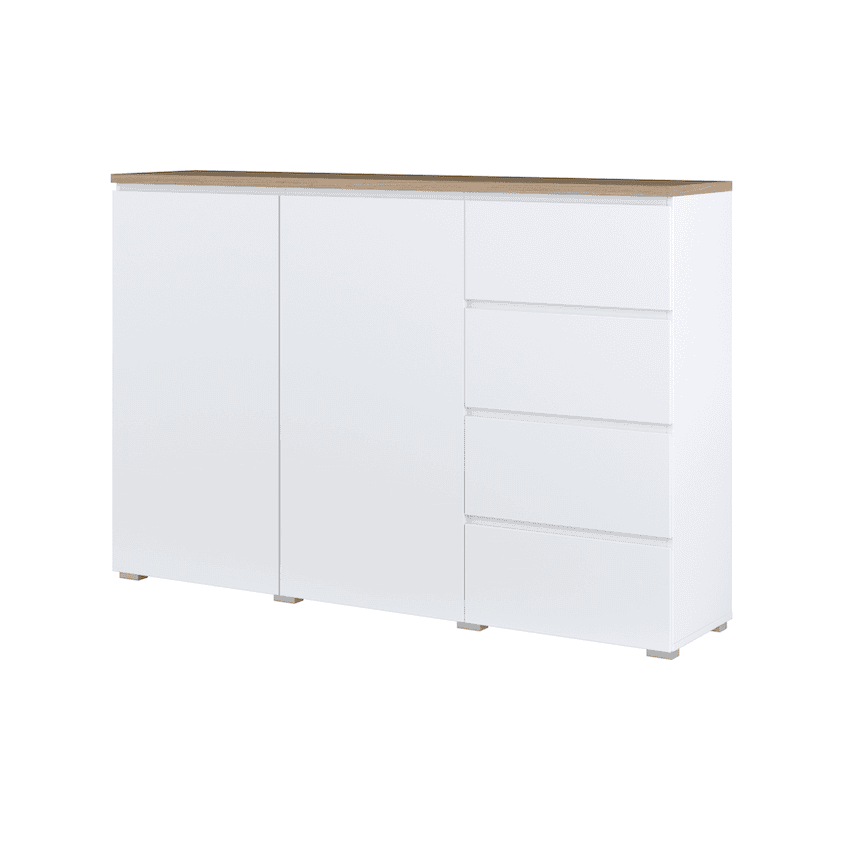 White sideboard with a wooden top on a white background