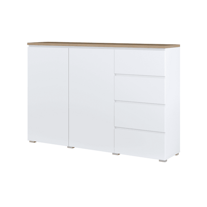 White sideboard with a wooden top on a white background