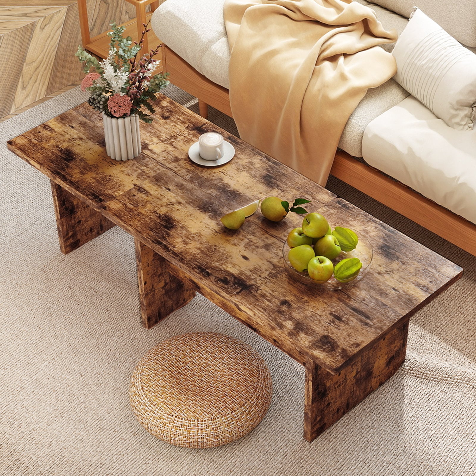 Modular Coffee Table Set of 2 L Shaped Center Tables for Small Space-Rustic Brown