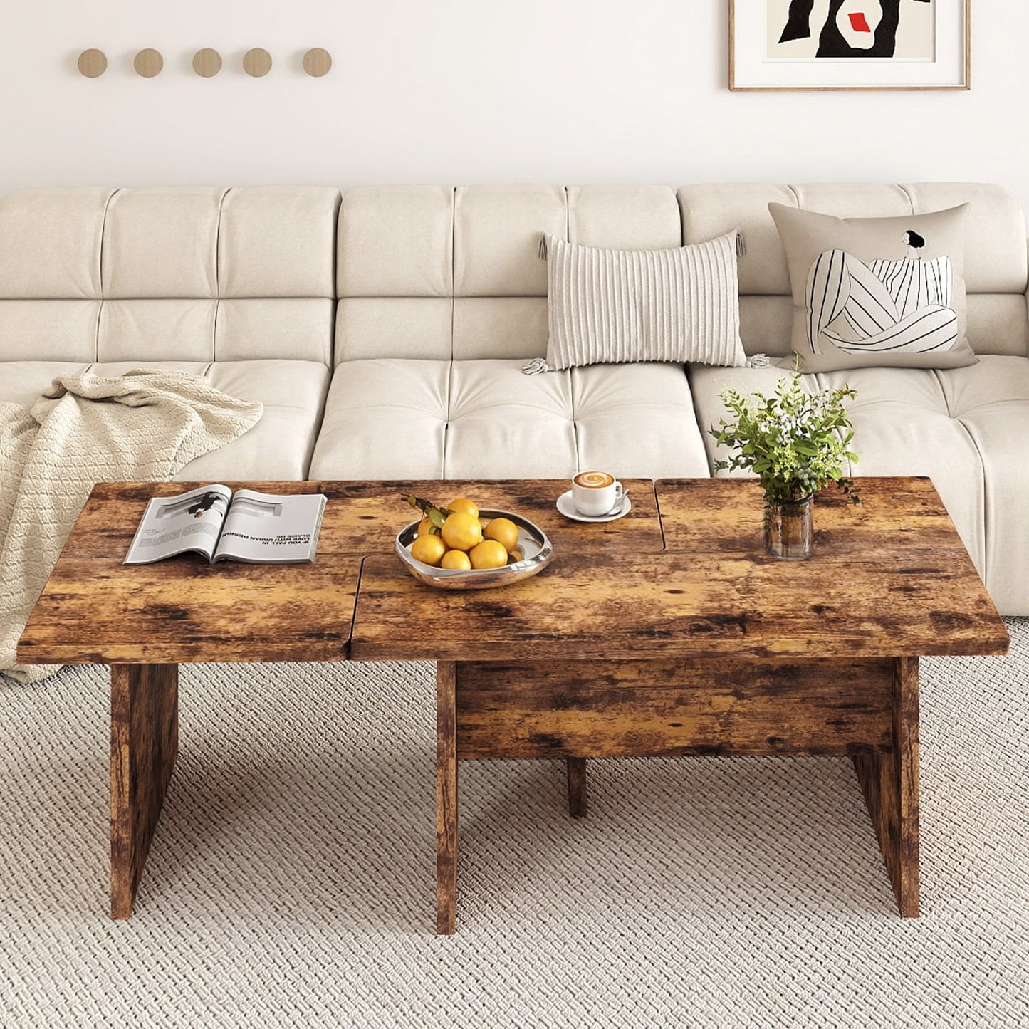 Modular Coffee Table Set of 2 L Shaped Center Tables for Small Space-Rustic Brown