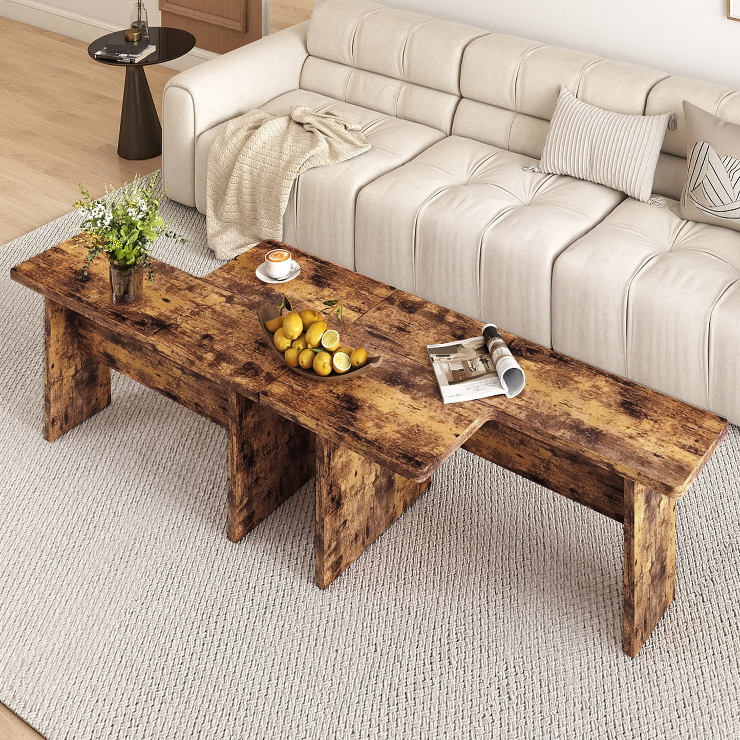 Modular Coffee Table Set of 2 L Shaped Center Tables for Small Space-Rustic Brown