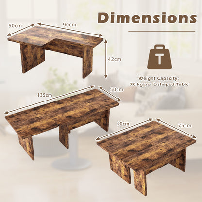 Modular Coffee Table Set of 2 L Shaped Center Tables for Small Space-Rustic Brown