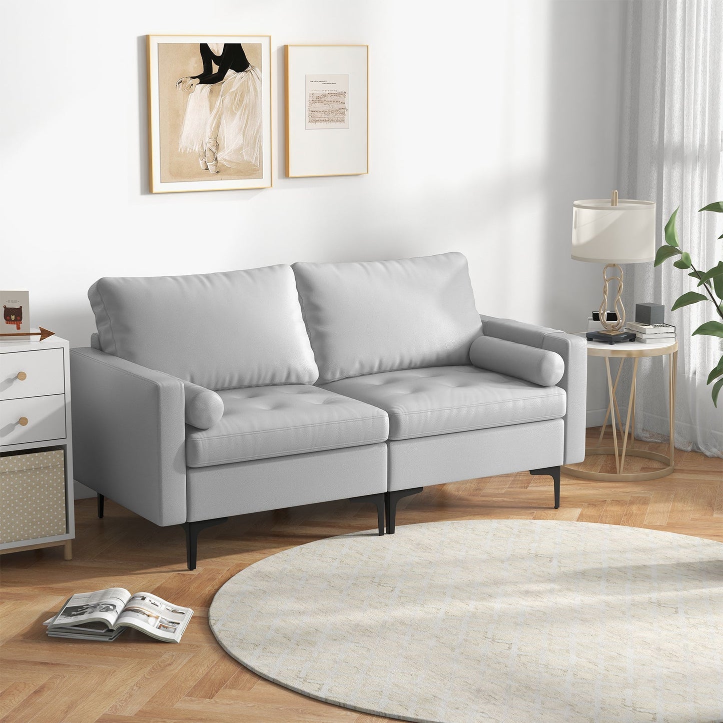Modular Sectional Sofa Couch with 4 USB Ports, 2 Removable Bolsters-Light Grey