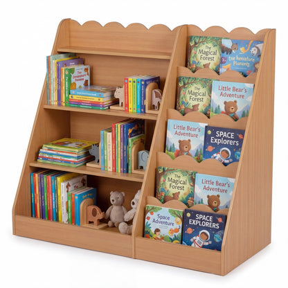 Montessori Kids Bookshelf with 5-Tier Scalloped Shelves for Nursery and Kids Room-Natural