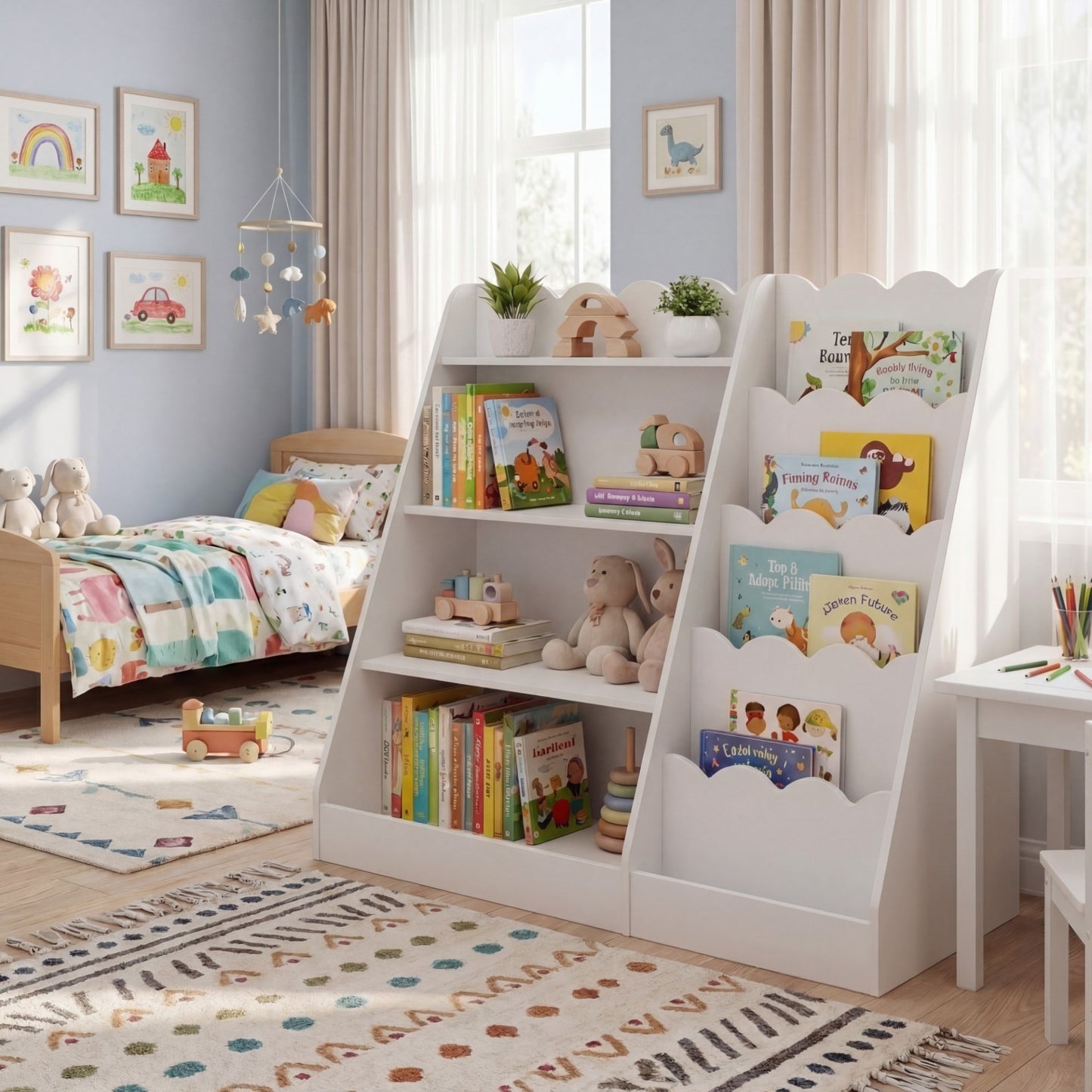 Montessori Kids Bookshelf with 5-Tier Scalloped Shelves for Nursery and Kids Room-White