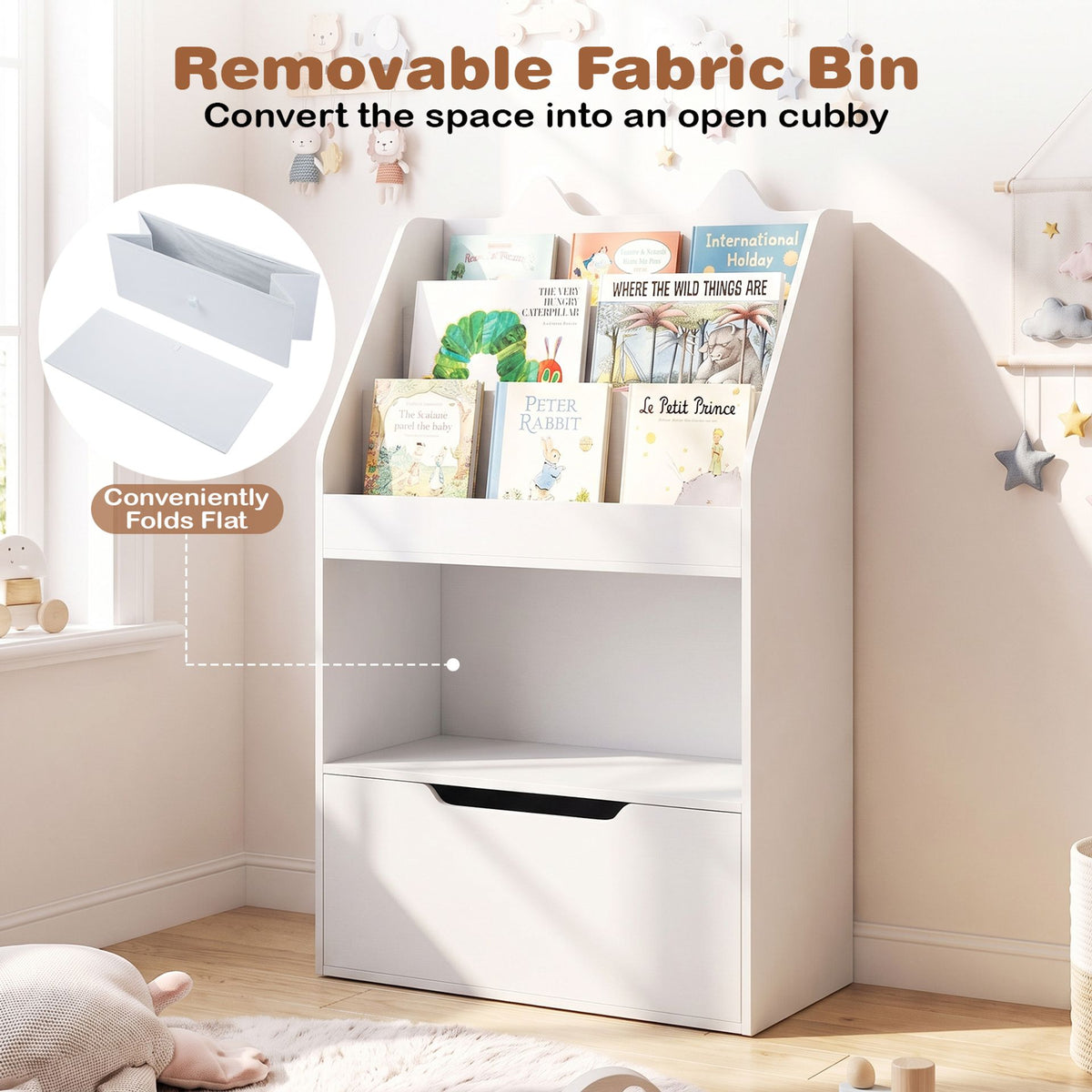 Montessori Wooden Toddler Bookcase & Toy Storage Organizer for Nursery-White