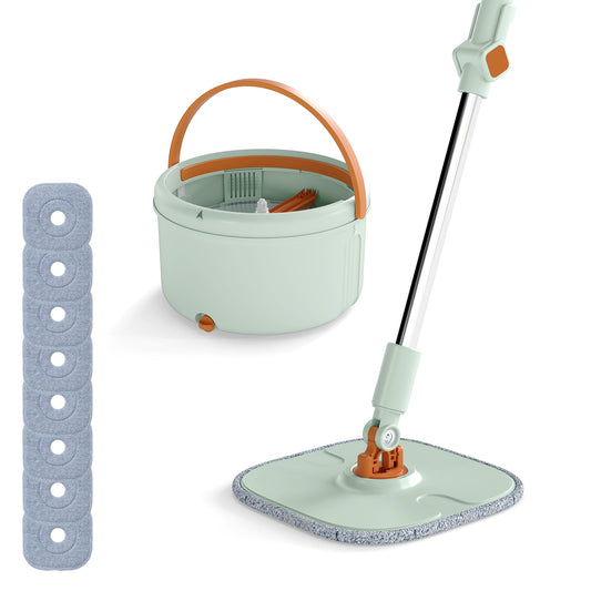 Mop and Bucket Set with Wringer Flat Floor Mop and Bucket System with 2/8 Washable Microfiber Pads-Green