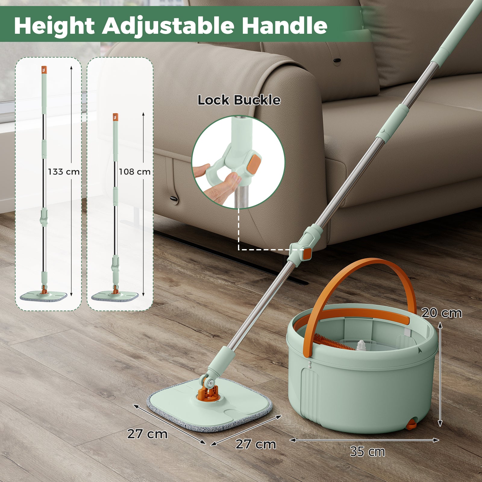 Mop and Bucket Set with Wringer Flat Floor Mop and Bucket System with 2/8 Washable Microfiber Pads-Green