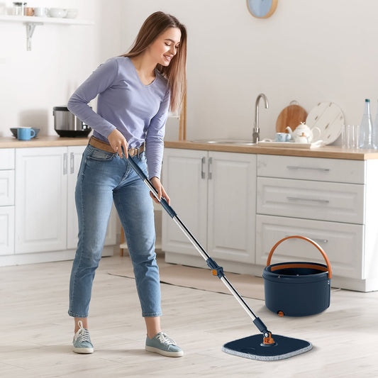 Mop and Bucket Set with Wringer Flat Floor Mop and Bucket System with 2/8 Washable Microfiber Pads-Navy