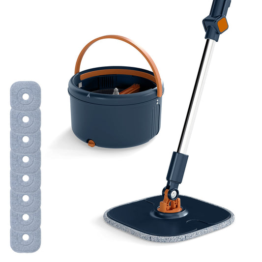 Mop and Bucket Set with Wringer Flat Floor Mop and Bucket System with 2/8 Washable Microfiber Pads-Navy