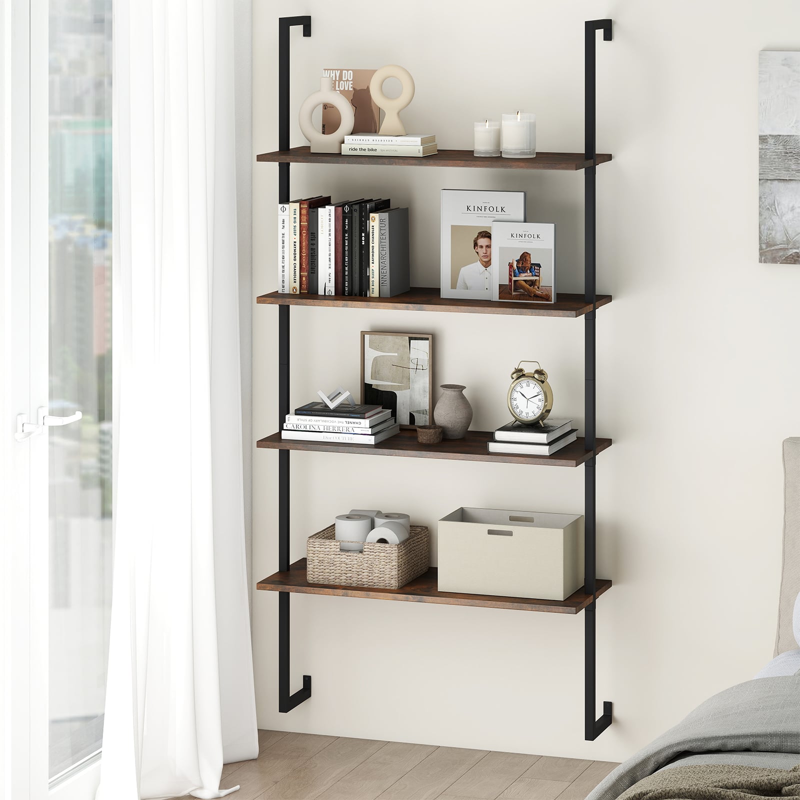 4-Tier Wall-Mounted Bookshelf with Metal Frame for Living Room-Rustic Brown