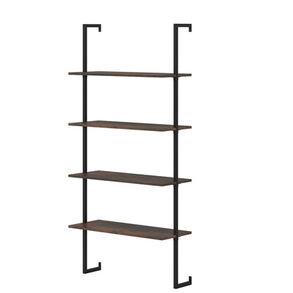 4-Tier Wall-Mounted Bookshelf with Metal Frame for Living Room-Rustic Brown