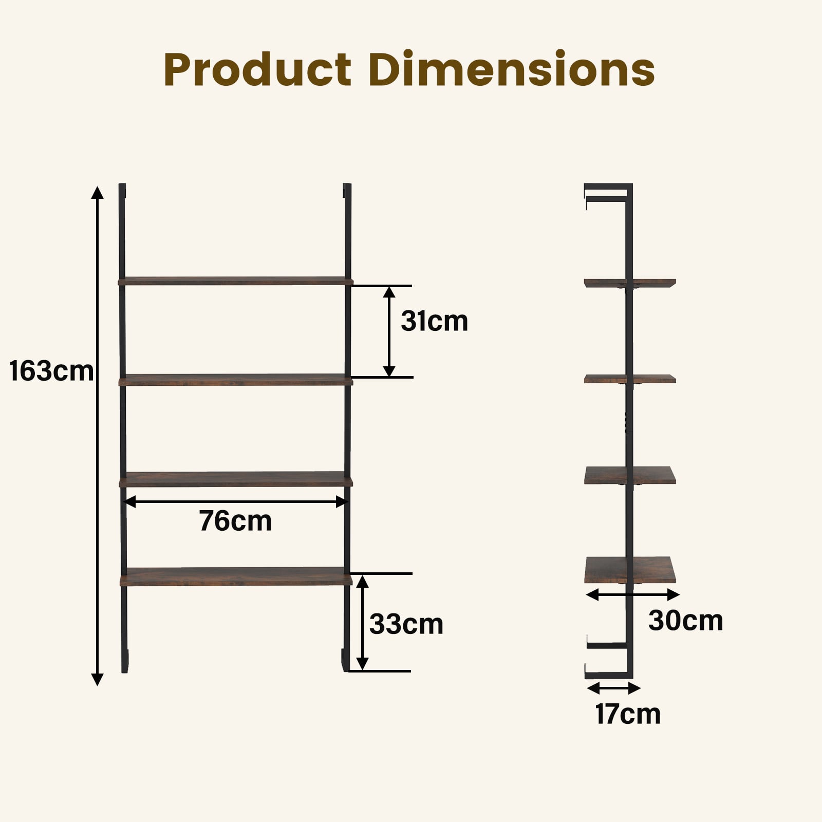 4-Tier Wall-Mounted Bookshelf with Metal Frame for Living Room-Rustic Brown