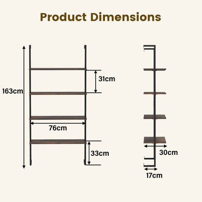 4-Tier Wall-Mounted Bookshelf with Metal Frame for Living Room-Rustic Brown