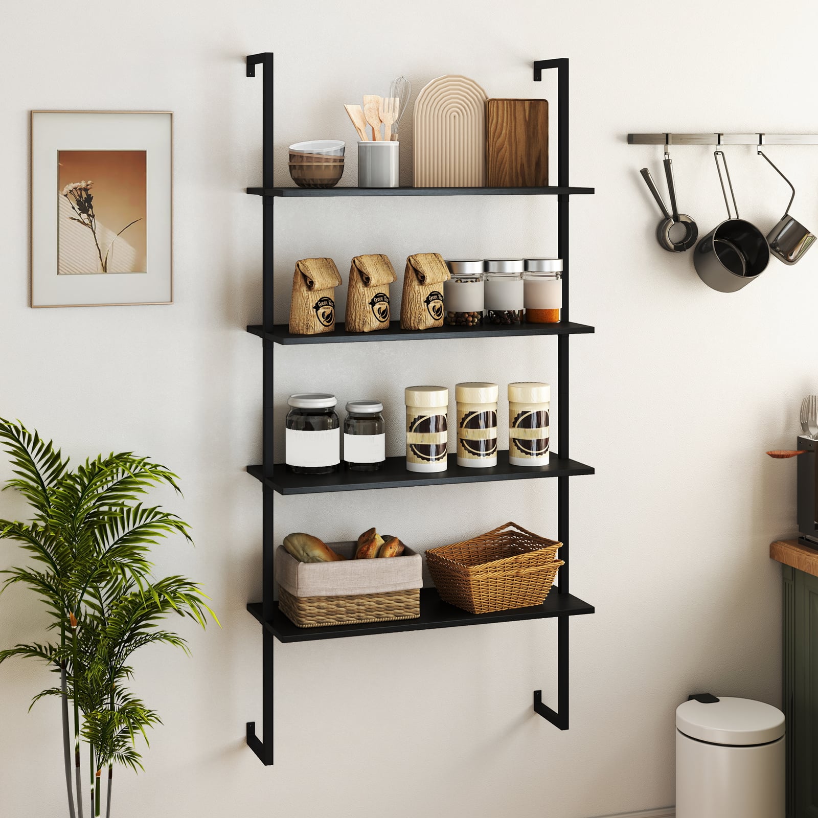 4-Tier Wall-Mounted Bookshelf with Metal Frame for Living Room-Black