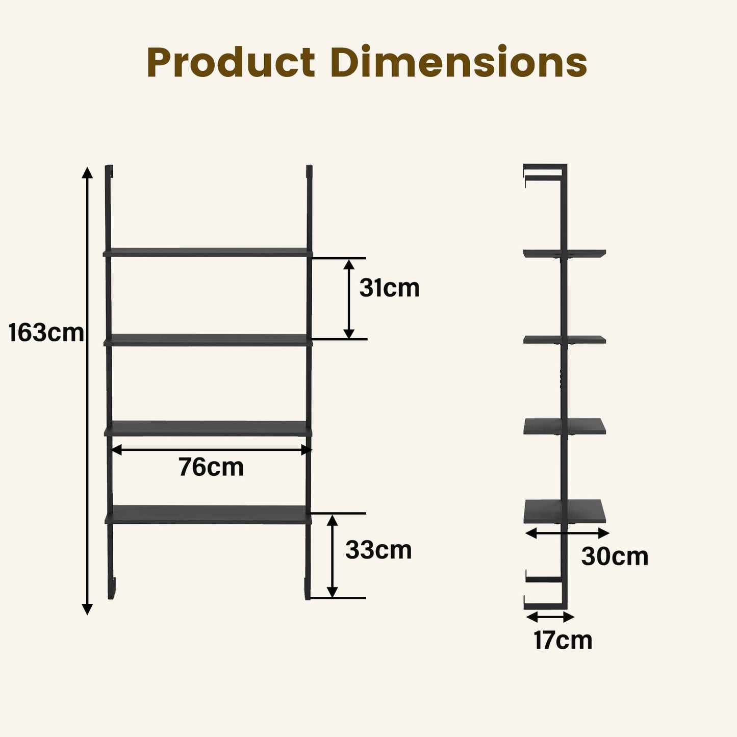 4-Tier Wall-Mounted Bookshelf with Metal Frame for Living Room-Black