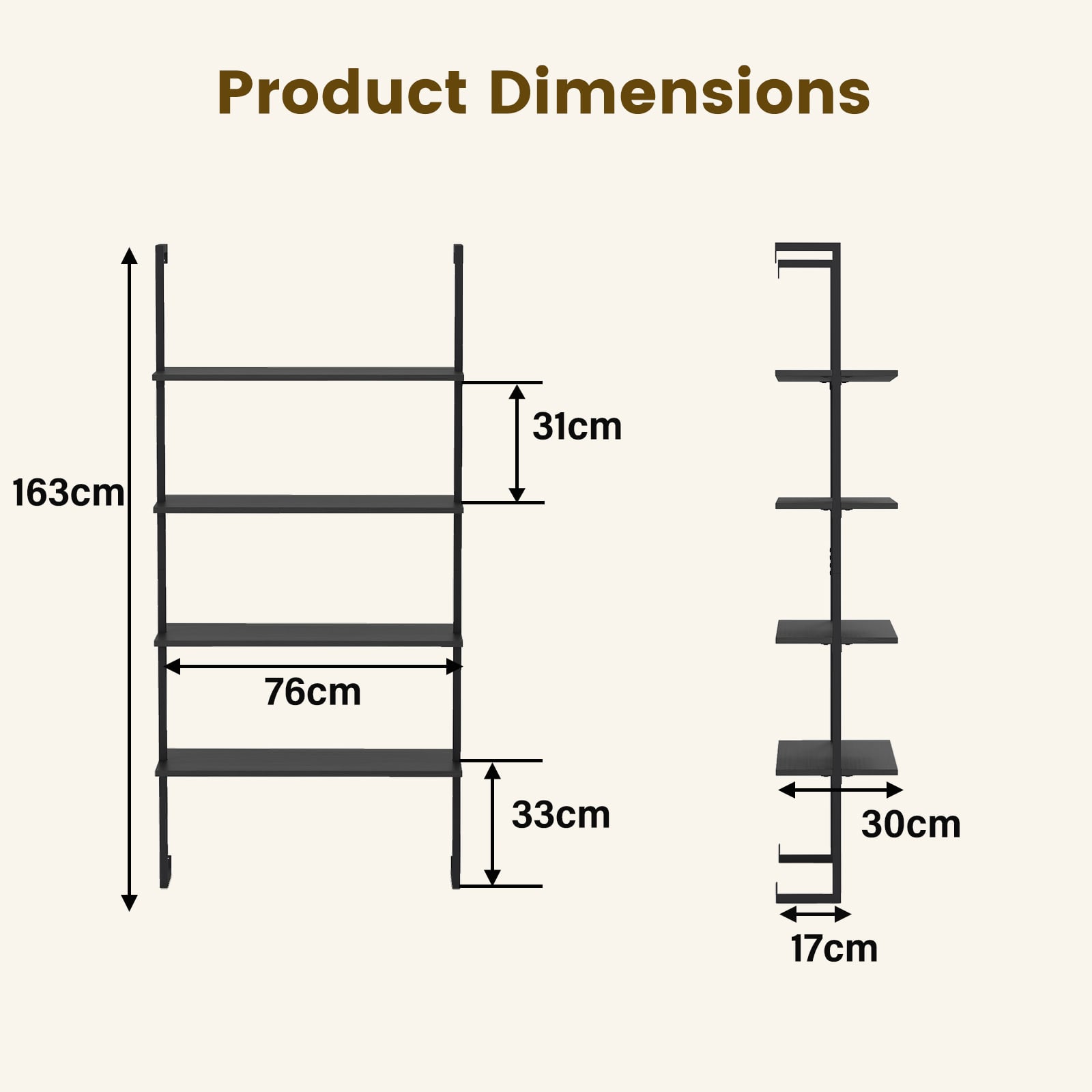 4-Tier Wall-Mounted Bookshelf with Metal Frame for Living Room-Black