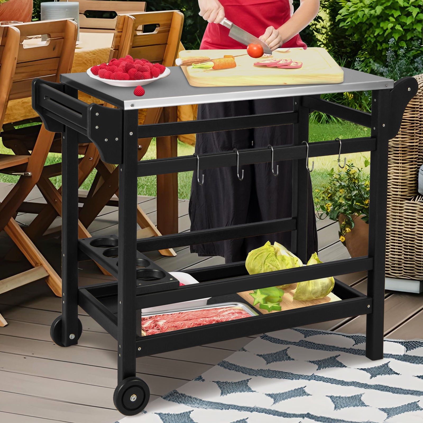 Movable Outdoor Dining Cart HDPE Pizza Oven Stand Table-Black
