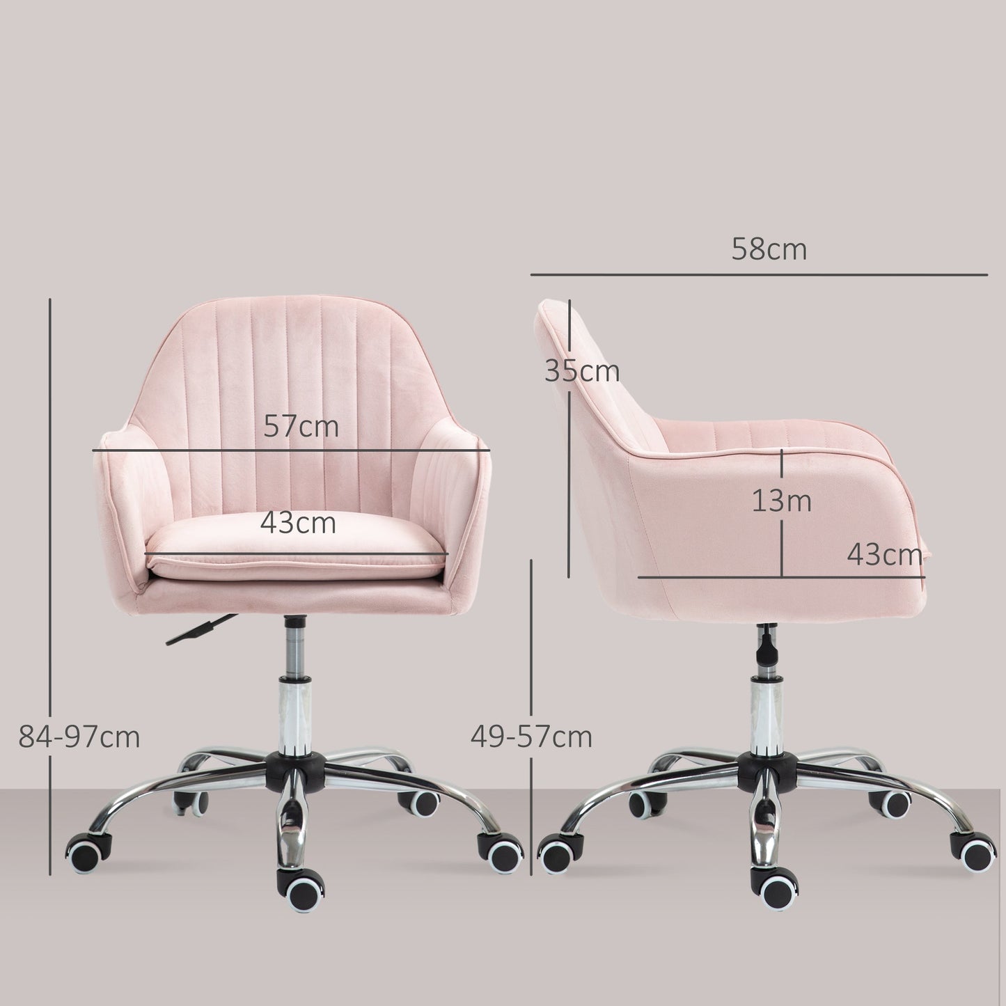 HOMCOM Velvet-Feel Tub Office Chair, with Seat Cushion - Pink